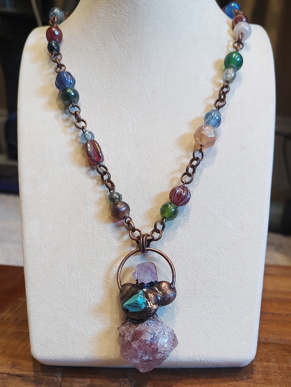 Electroformed Copper Rose Quartz, Turquoise, Amethyst & Beaded Copper Necklace
